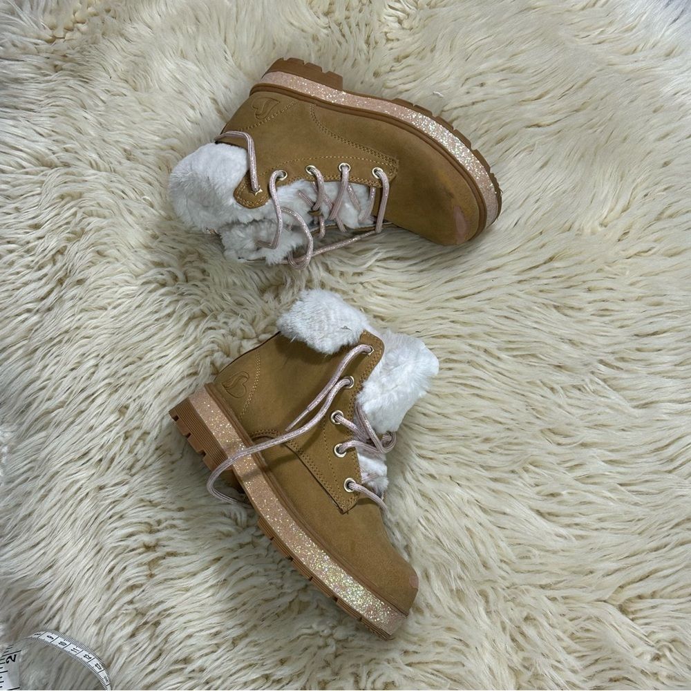 Skechers Tan Faux-Fur Lace-Up Ankle Boots with Glitter Sole